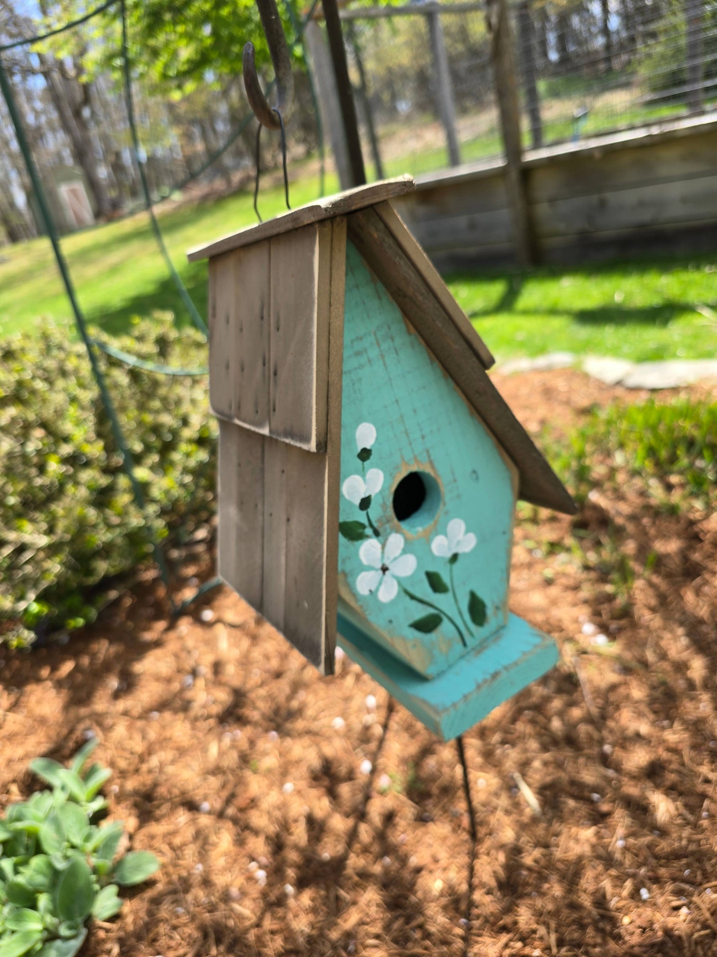 Hand-Painted Aqua Daisy A-frame Birdhouse