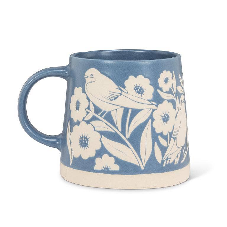 Wide Base Mug with Leaves & Birds-Blue