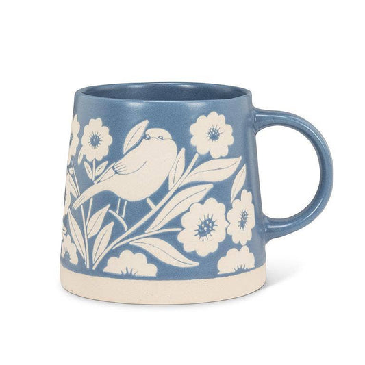 Wide Base Mug with Leaves & Birds-Blue