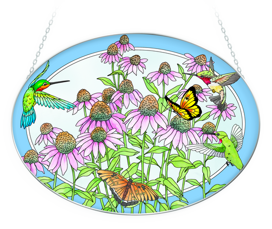 Coneflower & Hummingbirds -  Oval Glass Suncatcher