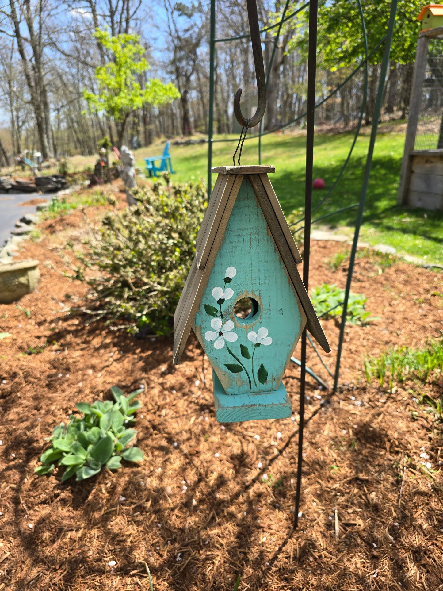 Hand-Painted Aqua Daisy A-frame Birdhouse