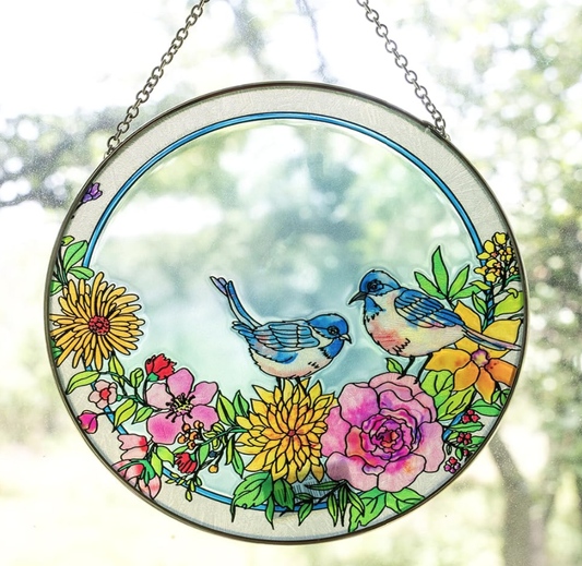 Blue Bird Rose - Glass Circle Suncatcher