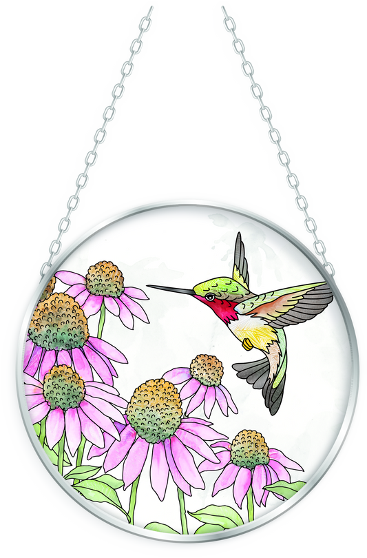 Coneflower & Hummingbirds -  Glass Suncatcher